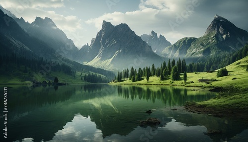 a lake surrounded by mountains photo