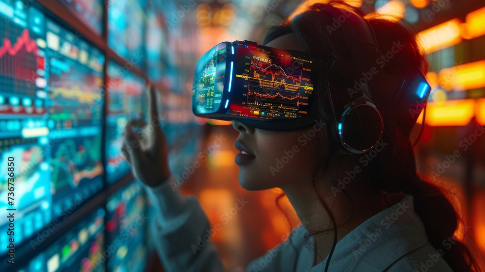 A futuristic stock market trading floor with traders and investors wearing virtual reality headsets and using gesture controls to buy and sell stocks in a fully immersive A futuristic stock market trading floor with traders and investors wearing virtual reality headsets and using gesture controls to buy and sell stocks in a fully immersive
