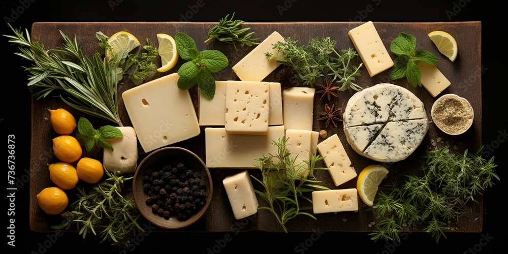 various varieties of cheese and very delicious pieces of cheese on the table - obrazy, fototapety, plakaty 