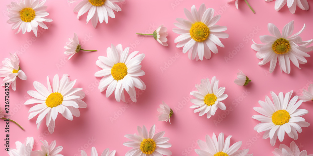 Top view flat lay seamless pattern with daisies flowers on pink background Top view flat lay seamless pattern with daisies flowers on pink background