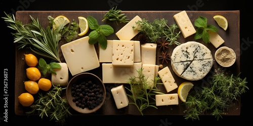 various varieties of cheese and very delicious pieces of cheese on the table photo