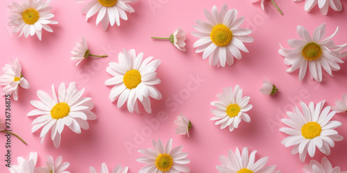 Top view flat lay seamless pattern with daisies flowers on pink background 