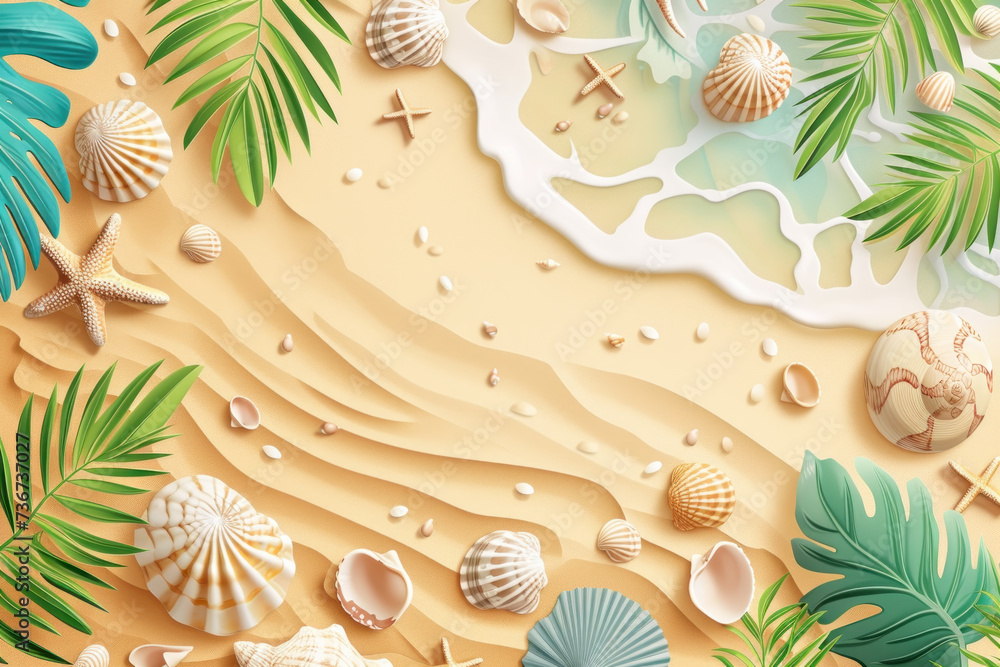 Top view 3D cartoon illustration sand sea and shells tropical beach, Flat lay minimal summer holiday vacation concept Top view 3D cartoon illustration sand sea and shells tropical beach, Flat lay minimal summer holiday vacation concept
