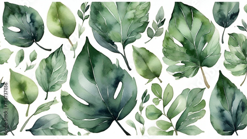 Watercolor dark green leaves on white background  seamless pattern. generated by AI