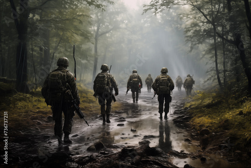 Soldiers walking in the fog