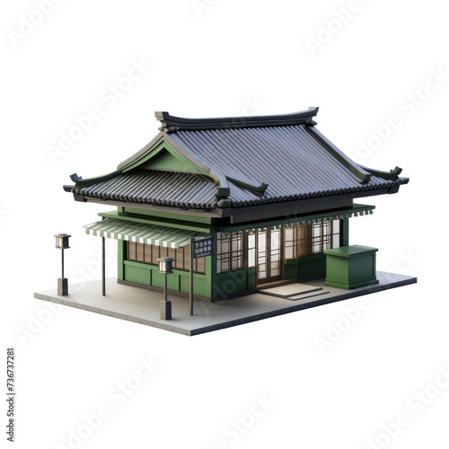 japanese tea house, dark green and gray, Bauhaus style, 3D icon clay rendering, on transparency background PNG © KimlyPNG