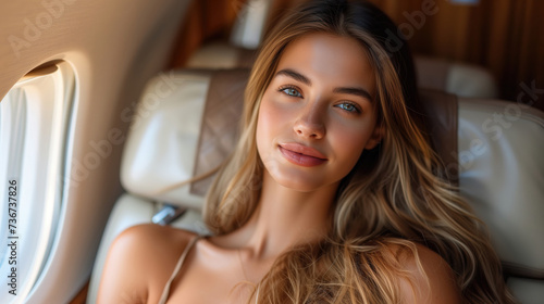 On the plane. portrait of a young elegant woman enjoying the view from the window luxury seat of an aircraft.cosy comfort travel concept. © aekkorn