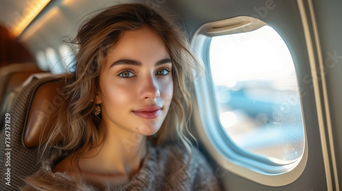 On the plane. portrait of a young elegant woman enjoying the view from the window luxury seat of an aircraft.cosy comfort travel concept. © aekkorn