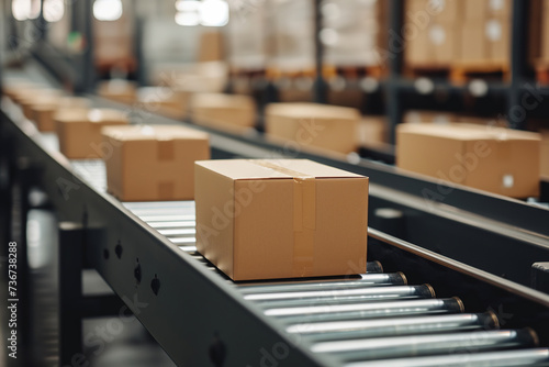 Cardboard Boxes on Conveyor Belt in Distribution Warehouse
