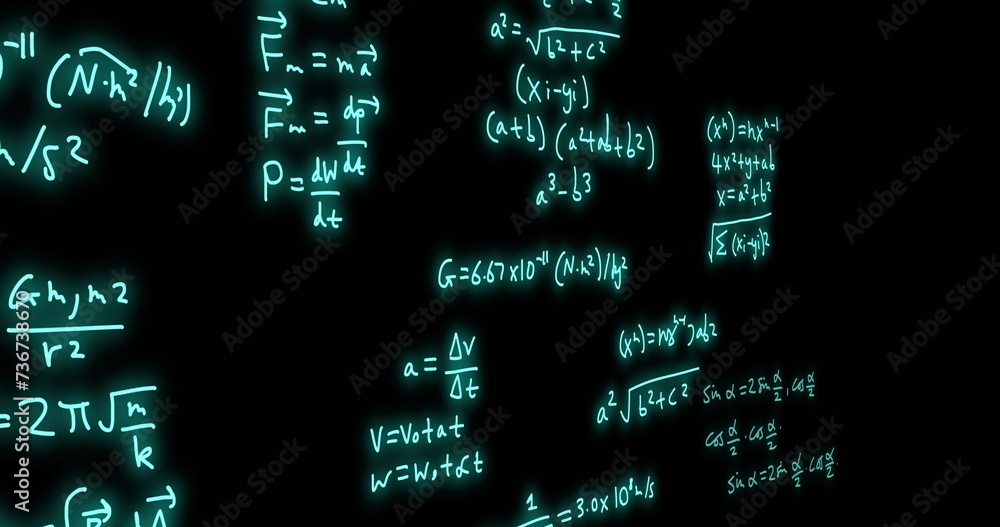 Obraz premium Image of mathematical formulae and scientific data processing over black background