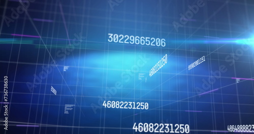 Image of numbers changing data processing on grid on glowing blue background