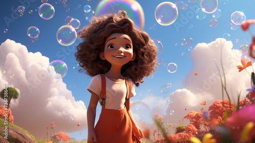 a cartoon of a girl standing in front of bubbles