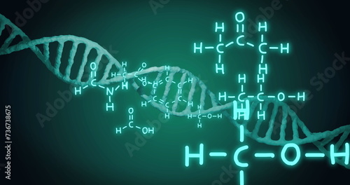 Image of dna strand and scientific data processing over black background