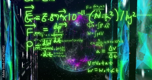 Canvas Print Image of mathematical formulae and scientific data processing over globe