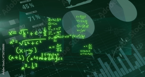 Image of mathematical formulae and scientific data processing over black background photo
