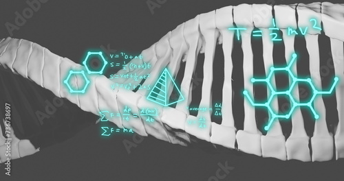 Image of dna strand, mathematical formulae and scientific data processing over grey background