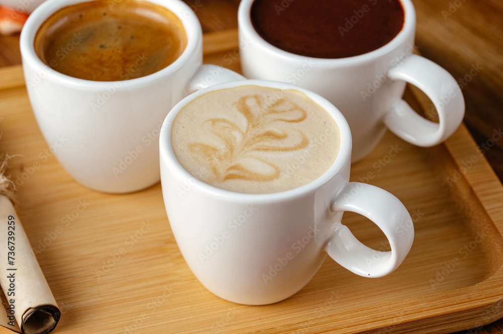 cappuccino in a mug and dessert on a plate. coffee shop menu cappuccino in a mug and dessert on a plate. coffee shop menu
