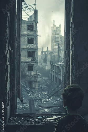 a young boy in a ruined city looking out the window photo