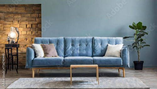 A stylish room with a sofa. One room. Living alone. photo