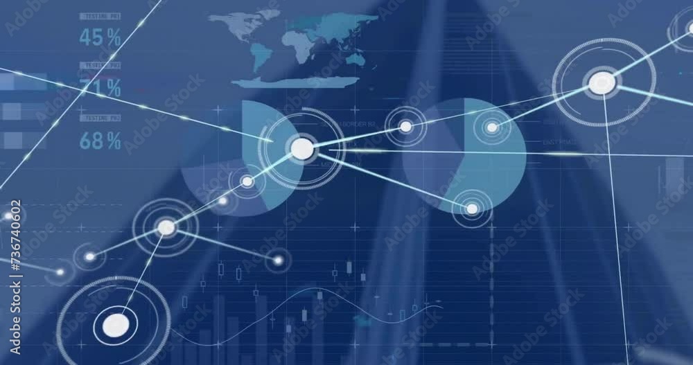 Animation of financial data processing over network of connections Animation of financial data processing over network of connections
