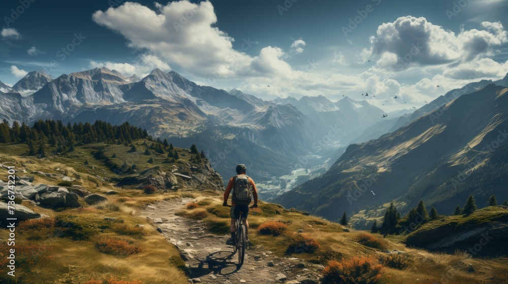 Cyclist admiring mountainous landscape, adventure outdoors