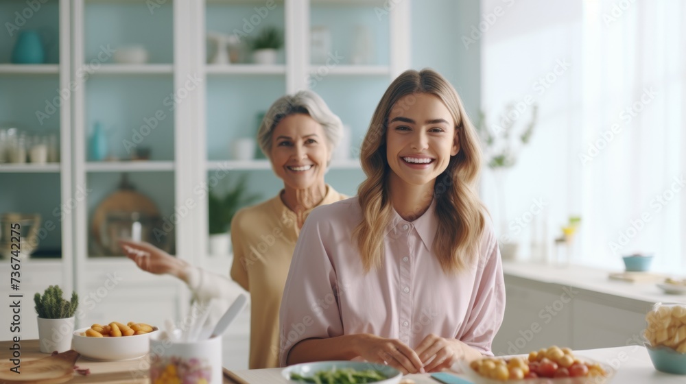 Smiling young woman cooking with grandmother, family bonding