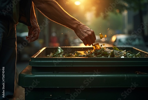 a person putting leaves into a trash can photo