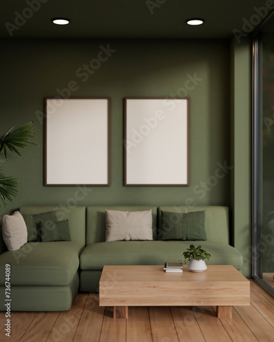 The interior design of a modern living room in green color features a cozy green sofa and green wall
