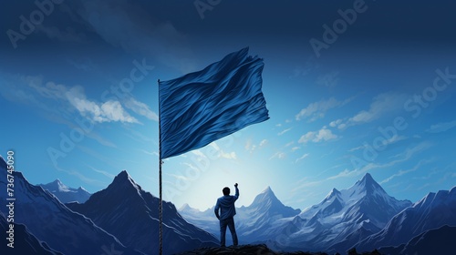 a man raising a flag on a mountain