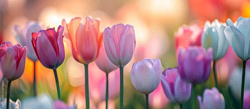 a bunch of colorful tulips are growing in a field . High quality a bunch of colorful tulips are growing in a field . High quality