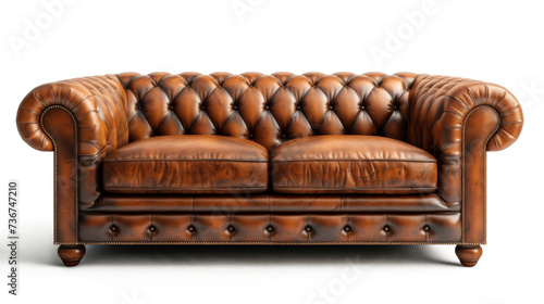 A traditional brown leather Chesterfield sofa couch is original and isolated on a transparent background. PNG file, cut out