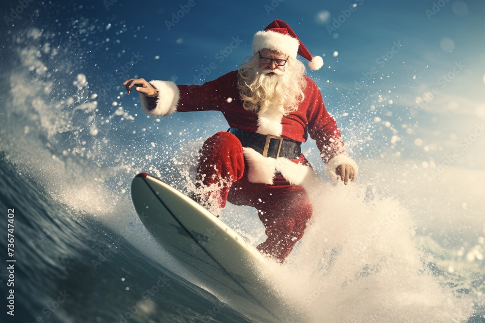 Santa claus surfing the wave on a surfboard, in commercial imagery, Christmas fun