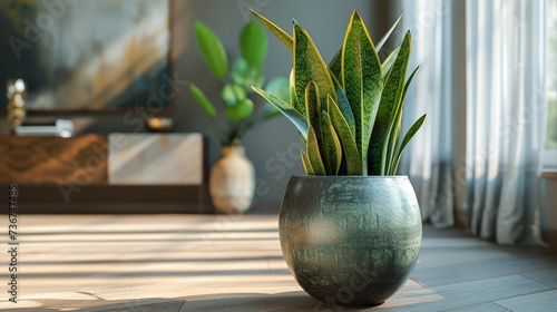 Artfully decorated home setting with a vibrant snake plant in sunlight