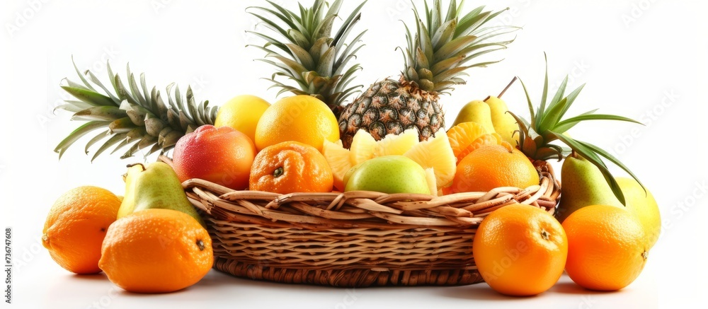 A basket filled with a variety of fruits including oranges and pineapples, set on a simple white background