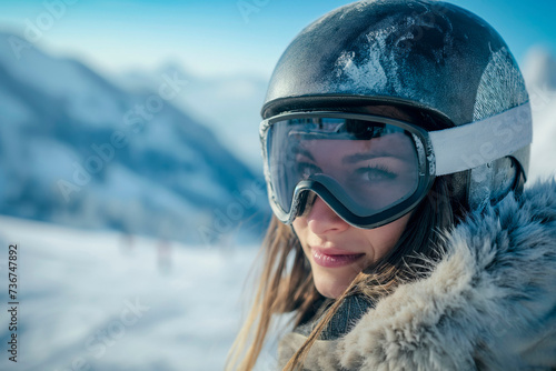 Portrait of a woman in a snowboard helmet with goggles in the winter mountains