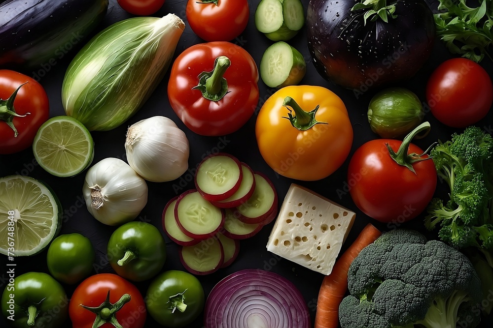A vibrant display of fresh vegetables and foods, perfectly isolated against a dark background,Celebrating national nutrition month 2024