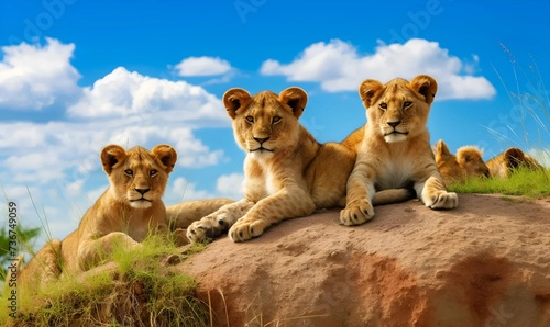 Group of young lions on the hill. national park