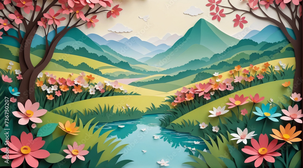 Beautiful mountain views filled with colorful flowers in paper cut style.