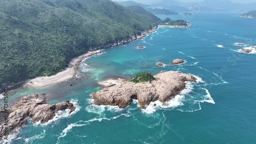 Sai Kung natural beauty and geo heritage, rock were sculpted into by weathering processes and wave erosion in Country Park, Hong Kong, aerial drone sky view photo