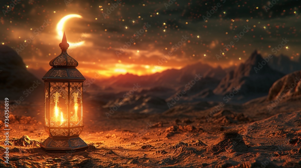 Enchanting desert nightfall with an ornate lantern glowing under a crescent moon Enchanting desert nightfall with an ornate lantern glowing under a crescent moon