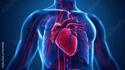 Cardiovascular system. consists of the heart, arteries, veins, and capillaries. The heart and vessels work together intricately to provide adequate blood flow to all parts of the body photo