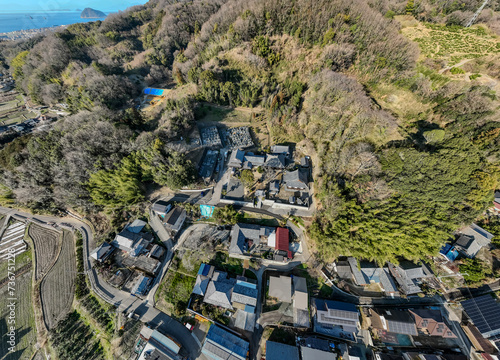 Aerial view of the Buddhist Temple Unmonji in Hojo, Ehime Prefecture, Japan photo