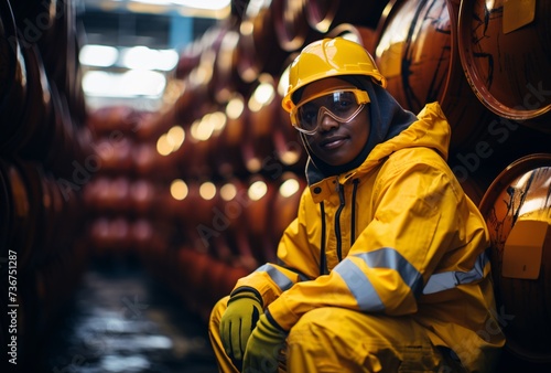 a woman wearing a yellow hard hat and safety glasses © ion
