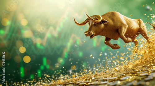 Happy Bull jumping on gold coins with green trading graph background, Bullish divergence in stock market and cryptocurrency trading concept photo