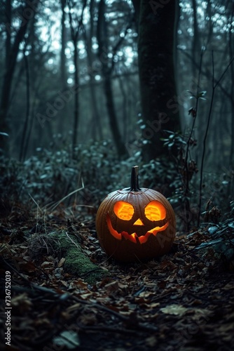 Carved Pumpkin Lantern in Eerie Blue Forest © Rudsaphon