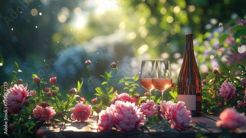 Summer outdoor setting with pink wine and lush peonies creating a romantic atmosphere