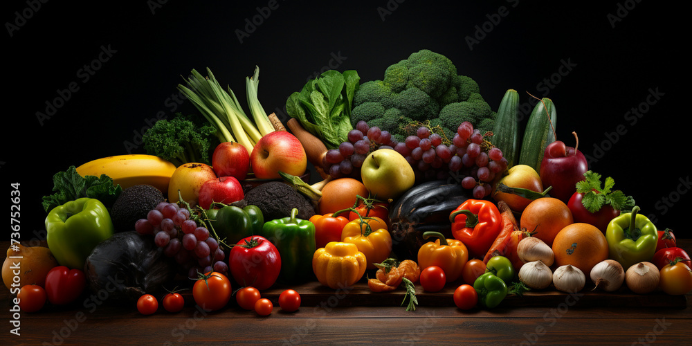 A large border of vegetables and fruit on the table with black background