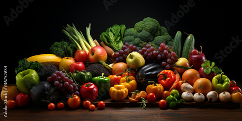 A large border of vegetables and fruit on the table with black background