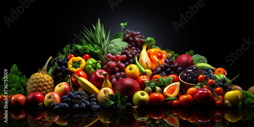 A large collection of fruit is displayed on a black background