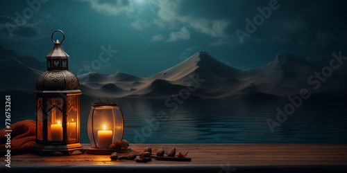 A lantern on the place with the night sky and mountain background